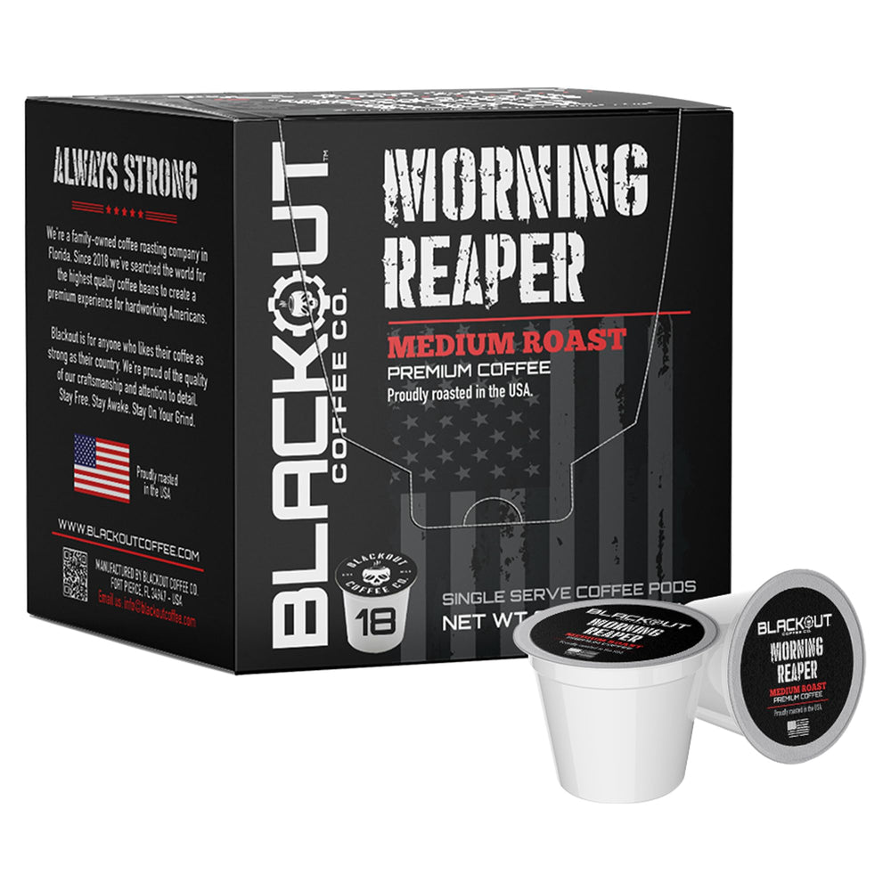Blackout Coffee Co. front packaging showing Morning Reaper pods and bold branding for strong flavor