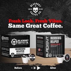 Blackout Coffee Co. single pod close-up highlighting sealed pod freshness and convenient brewing