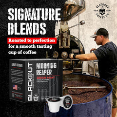 Blackout Coffee Co. pod inserted in single-serve brewer demonstrating fast, mess-free brewing