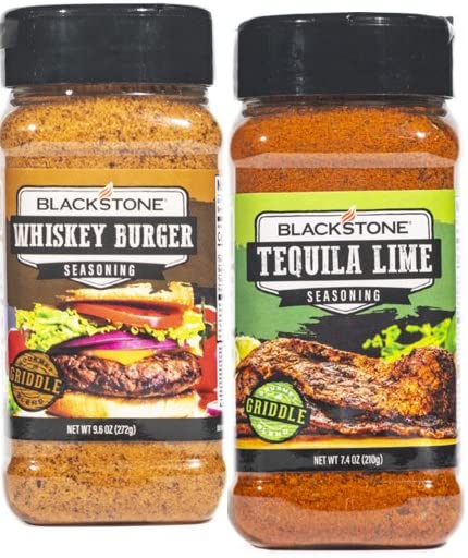 Blackstone bottles front packaging showing Whiskey Burger and Tequila Lime, versatile seasoning duo