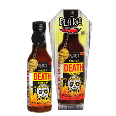 Blair's Mega Death front bottle showing label and serving suggestion benefit