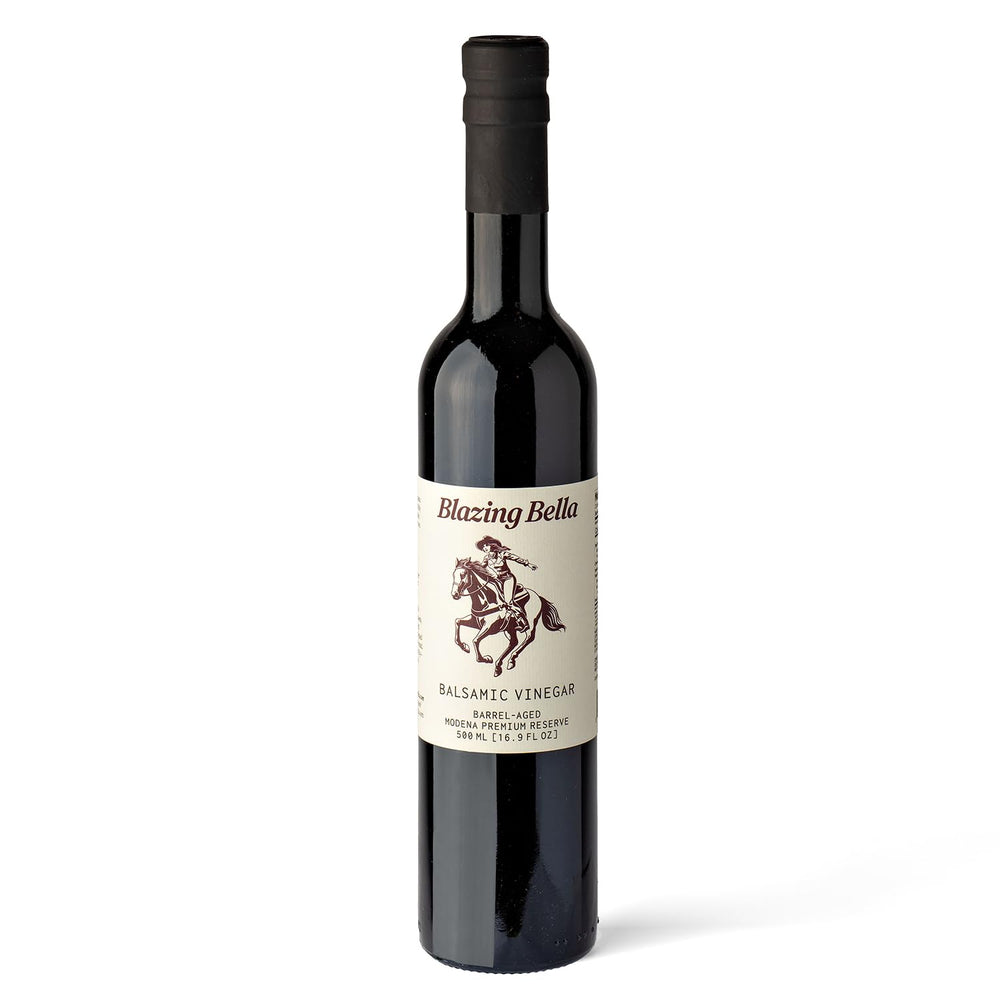 Blazing Bella front bottle of Modena balsamic showcasing premium presentation and authenticity