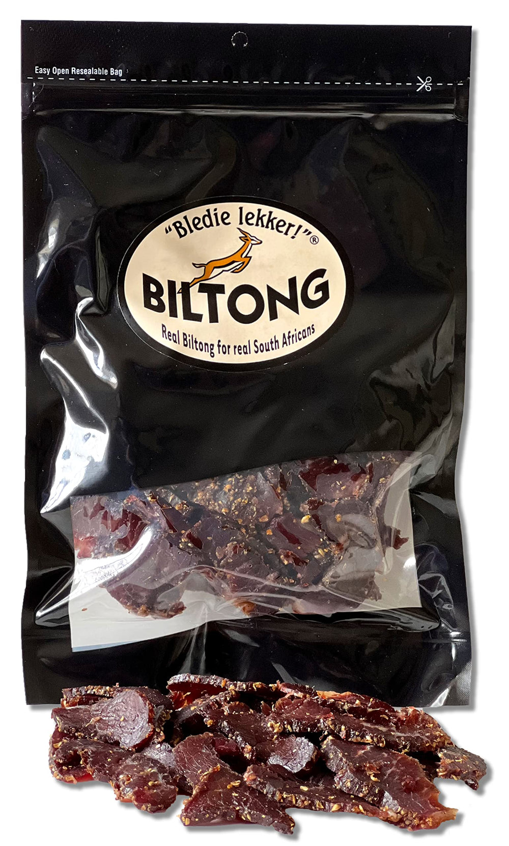 Bledie Lekker front packaging showing 8oz biltong and branding benefit convenience
