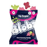 Blobs front packaging mixed bag showing three flavors and low sugar benefits