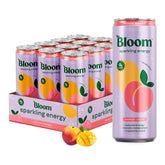 Bloom Nutrition front packaging showing 12oz Peach Mango cans and vibrant branding