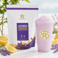 Blossoms By Java Frost glass of iced lemonade with lavender garnish, refreshing presentation benefit