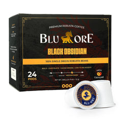 Blu Ore front packaging showing bold robusta pods and high caffeine benefit