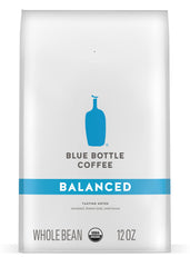Blue Bottle Balanced front packaging showing 12 oz bag and organic label, enticing freshness