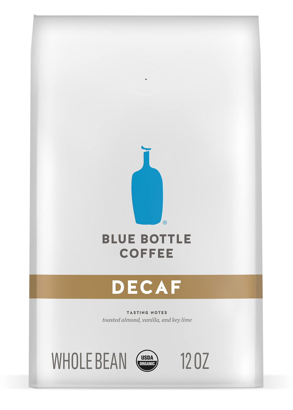 Blue Bottle front of bag showing organic decaf and roast details for confident purchase