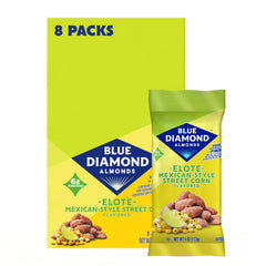 Blue Diamond front packaging showing elote almonds and portioned 4 oz bags benefit grab-and-go