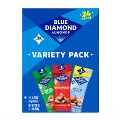 Blue Diamond front packaging showing 24-count variety for portable snacking