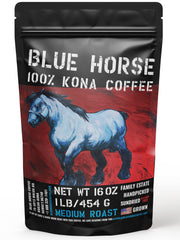 Blue Horse Kona front packaging showing farm-sealed bag and freshness benefit