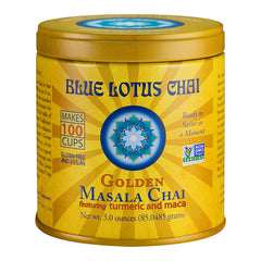 Blue Lotus Chai front packaging showing tin and branding for instant convenience