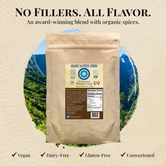 Close-up of Blue Lotus Chai powder texture, organic spices visible for aroma