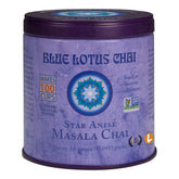 Blue Lotus Chai tin front view showing brand and convenience for quick chai
