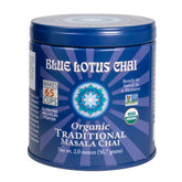 Blue Lotus Chai tin front showing packaging and organic badge for authentic flavor