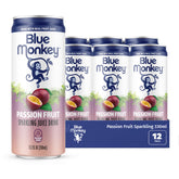 blue monkey front packaging showing vibrant passion fruit and can benefit refreshment
