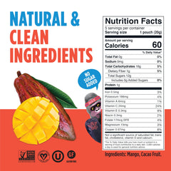 Blue Stripes open pouch revealing five mango cacao gummies, easy portion control benefit