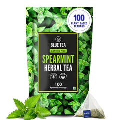BLUE TEA front packaging showing 100-count pouch and freshness seal benefit