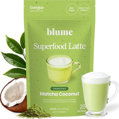 Blume matcha latte front packaging showing organic labeling and servings benefit