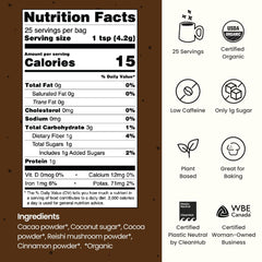 Blume reishi cacao powder on a spoon, highlights micro-ground texture for absorption