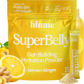 Blume front packaging showing 15 sticks and lemon ginger flavor for daily gut support