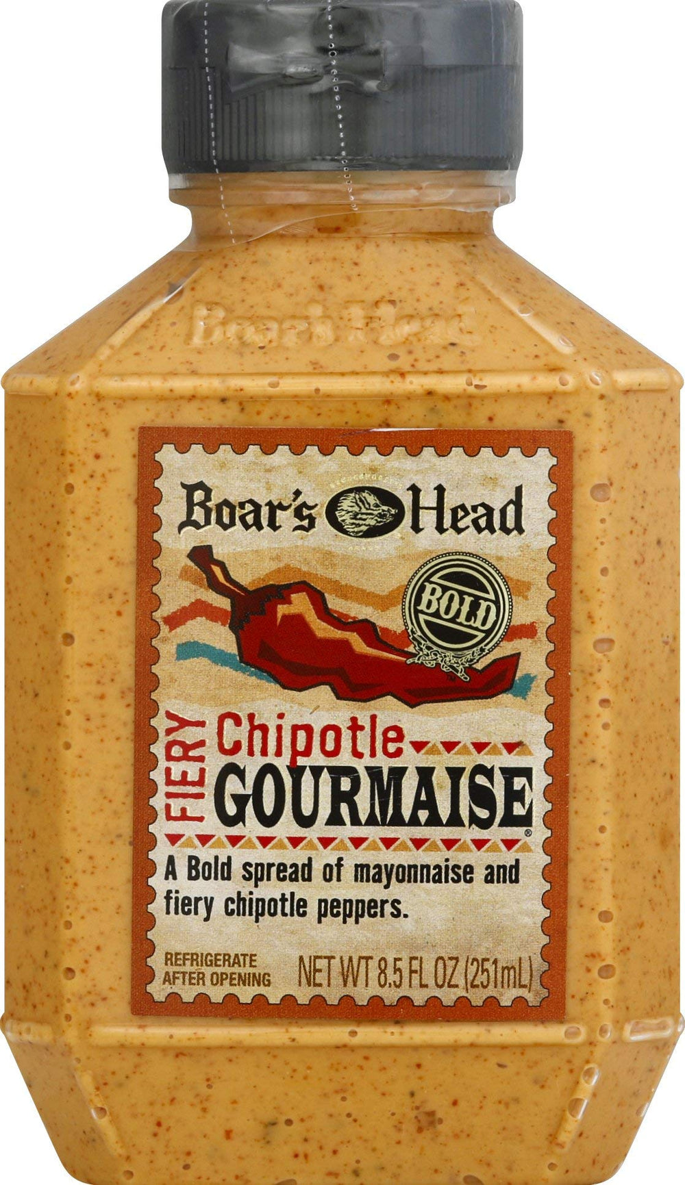 Boar's Head chipotle gourmaise front bottle showing label and convenient squeeze cap, adds smoky flavor