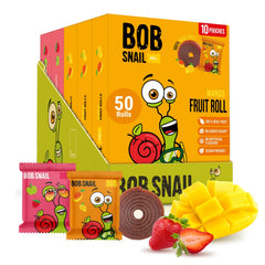 Bob Snail front packaging showing 50-count mango and strawberry rolls and family value