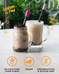 BOBA FIDE close-up of glossy tapioca texture showing chewy benefit