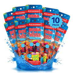 BOBAVIDA front packaging showing blue raspberry packs and included straws, convenient serving