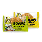Bobo's front box showing Apple Pie and Lemon Poppyseed flavors for convenient variety