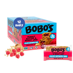 Bobo's front pack showing peanut butter and raspberry jam flavor and portability
