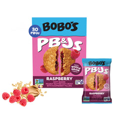 Bobo's front packaging showing raspberry PB&J 30-count and convenience benefit