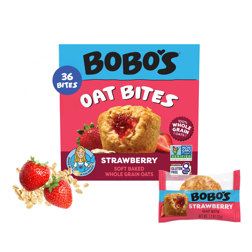 Bobo's front packaging showing strawberry bites and count for convenient stocking