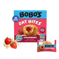 Bobo's front packaging showing strawberry bites and count for convenient stocking