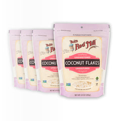 Bob's Red Mill front packaging showing 10oz unsweetened coconut flakes and clear branding benefits
