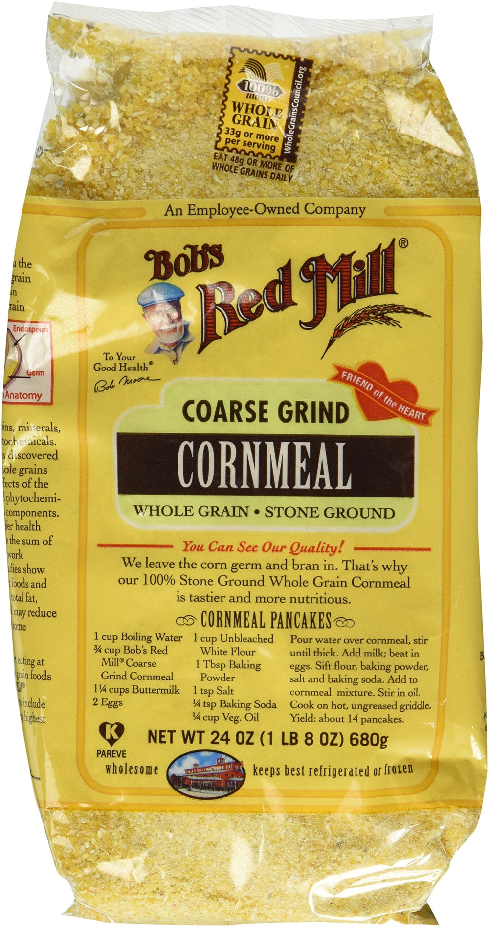 Bob's Red Mill front packaging of two 24 oz cornmeal bags showing brand and coarse grind benefit