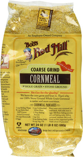 Bob's Red Mill front packaging of two 24 oz cornmeal bags showing brand and coarse grind benefit