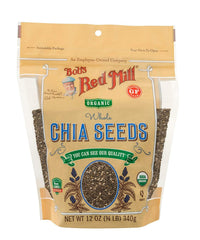 Bob's Red Mill front packaging showing resealable organic chia seeds and convenience