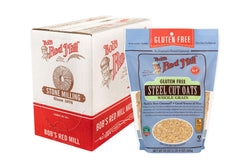 Bob's Red Mill front packaging showing gluten free steel cut oats and benefits