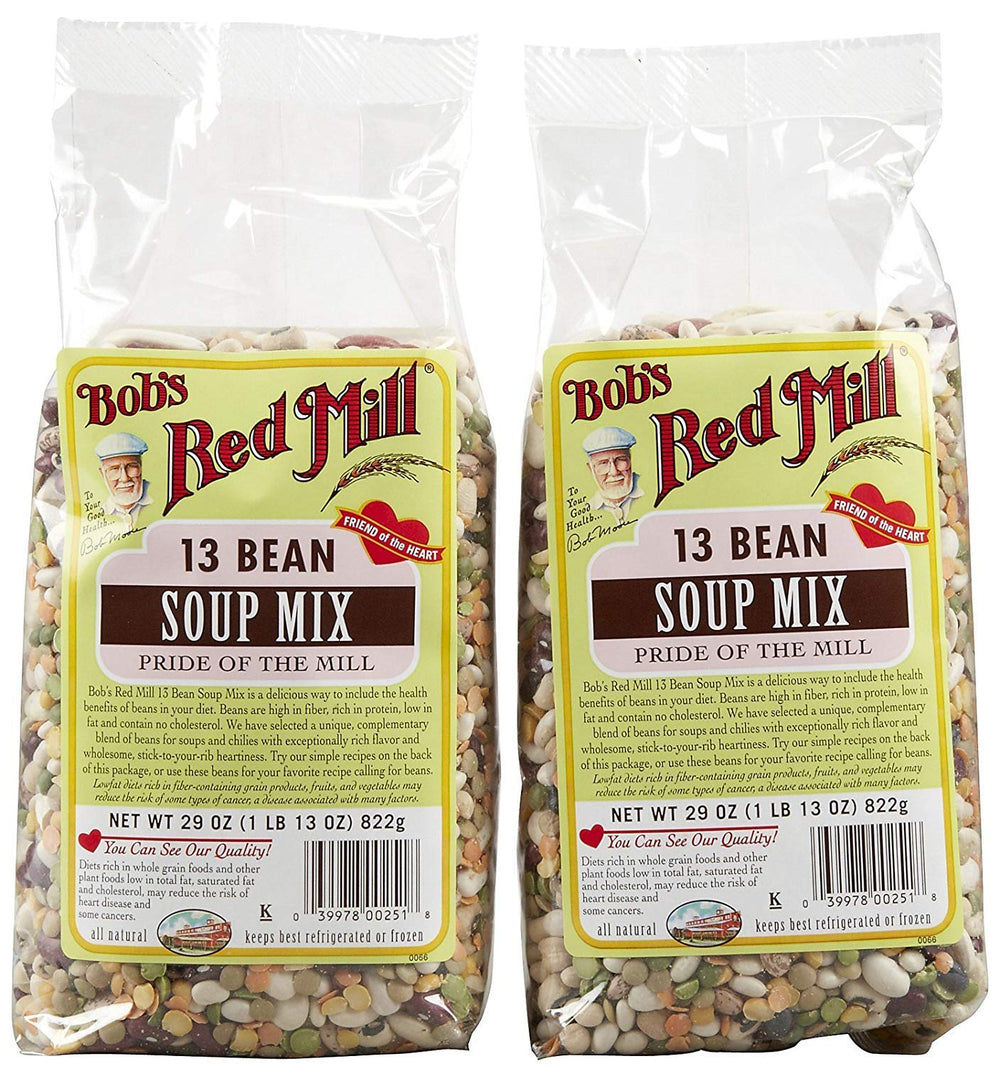Bob's Red Mill front packaging showing the 13 Bean Soup Mix and clear product view for meal planning