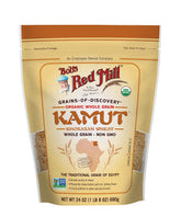 Bob's Red Mill front packaging showing organic Kamut berries and label benefits