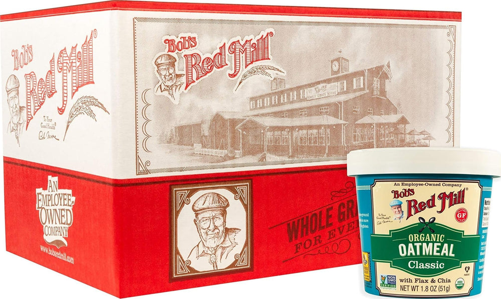 Bob's Red Mill front packaging showing organic gluten free oatmeal cup convenience