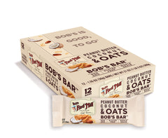 Bob's Red Mill unwrapped bar revealing peanut butter, oats and coconut texture for satisfying snack