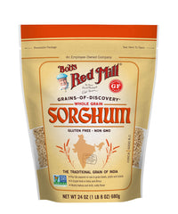 Bob's Red Mill open bag revealing whole sorghum grains, ready for cooking and storage