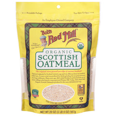 Close-up of stone-ground texture of Bob's Red Mill Scottish oats for creamy porridge