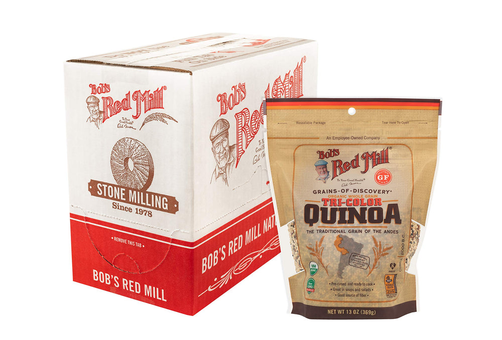 Bob's Red Mill front packaging showing organic tri-color quinoa and benefits