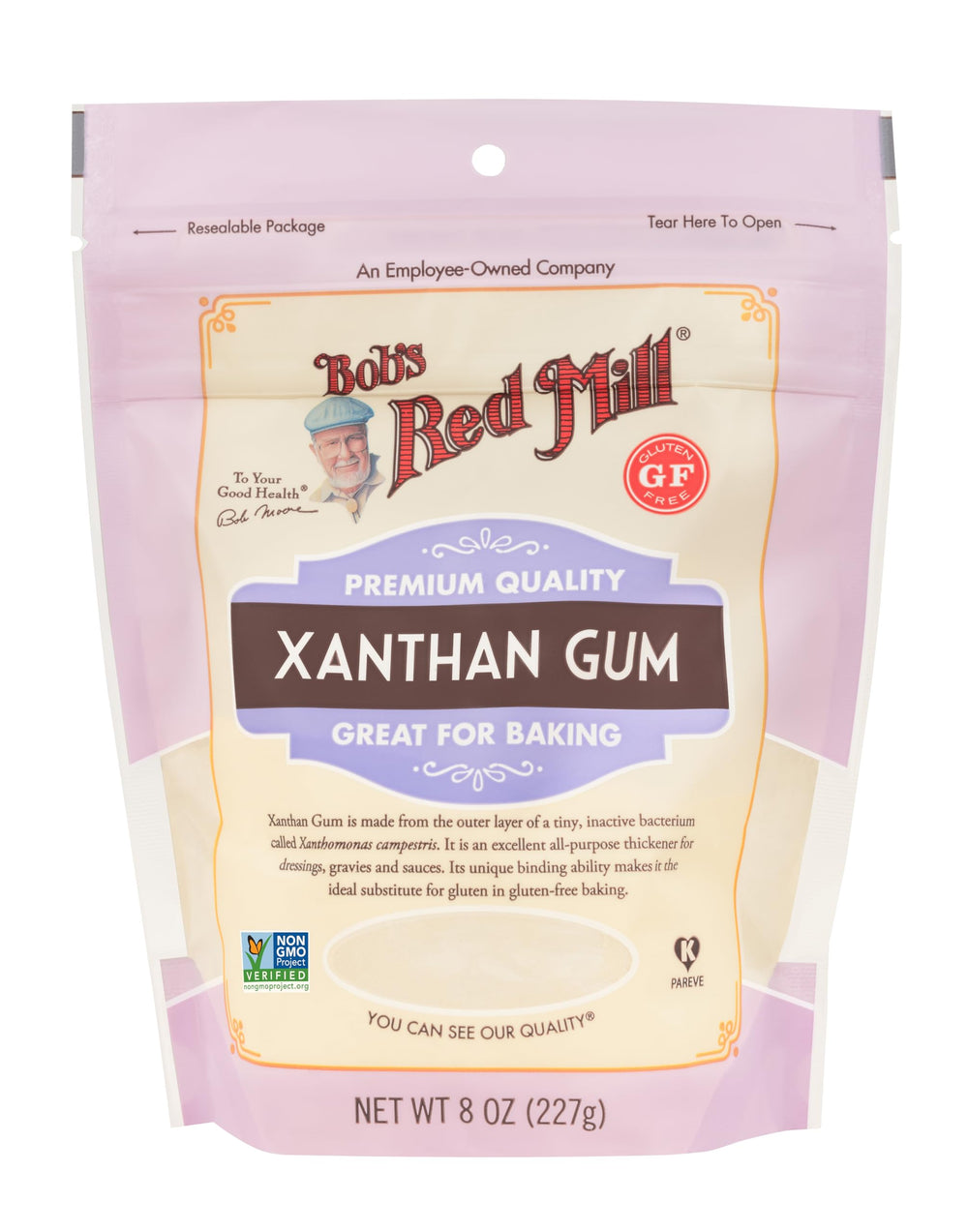 Bob's Red Mill front packaging showing 8oz xanthan gum and clear labeling benefit