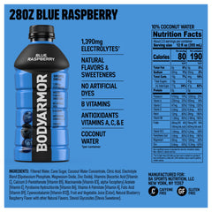 BODYARMOR Blue Raspberry label close-up highlighting ingredients and clean formula