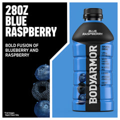 BODYARMOR Blue Raspberry pouring into glass demonstrating refreshing taste and hydration